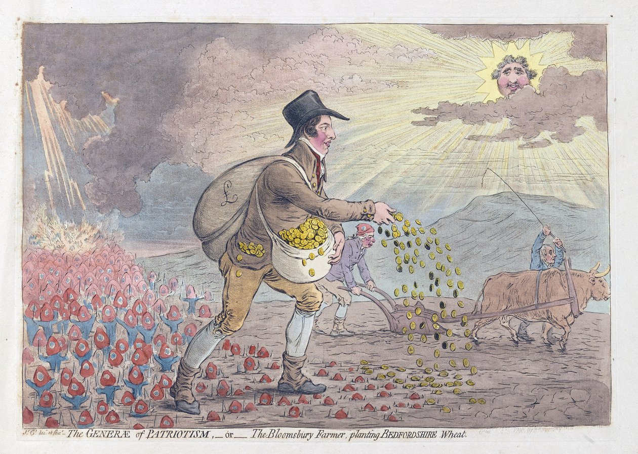 爱国主义，或布鲁姆斯伯里农民种植贝德福德郡小麦，酒吧。 1796年（手工彩色雕刻） 作者 詹姆斯·吉里