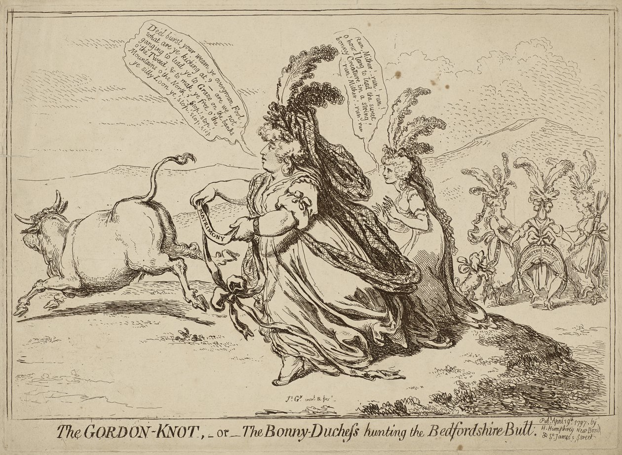 1797年4月29日出版的Gordon Knot或The Bonny-Duchess Hunting the Bedfordshire Bull（蚀刻在纸上） 作者 詹姆斯·吉里