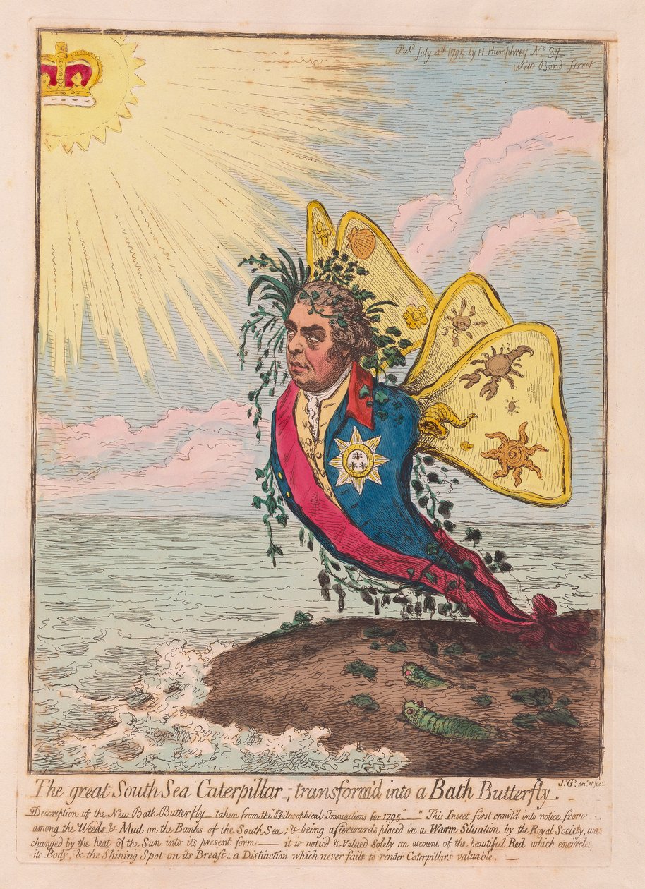 大南海卡特彼勒，变成了巴斯蝴蝶，酒吧。 1792年（手工彩色雕刻） 作者 詹姆斯·吉里