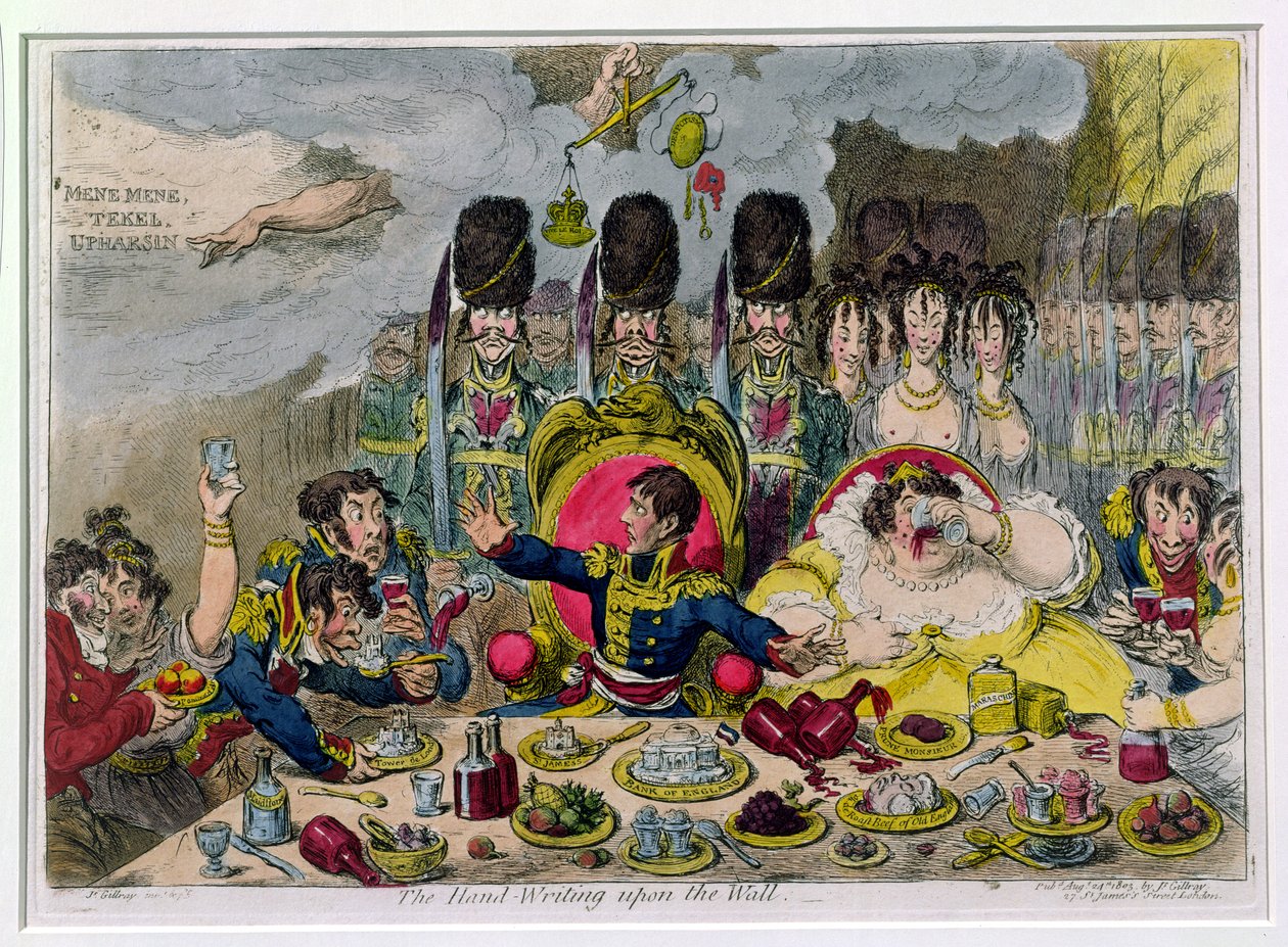 墙上的手写，由Hannah Humphrey于1803年出版（手工彩色蚀刻） 作者 詹姆斯·吉里