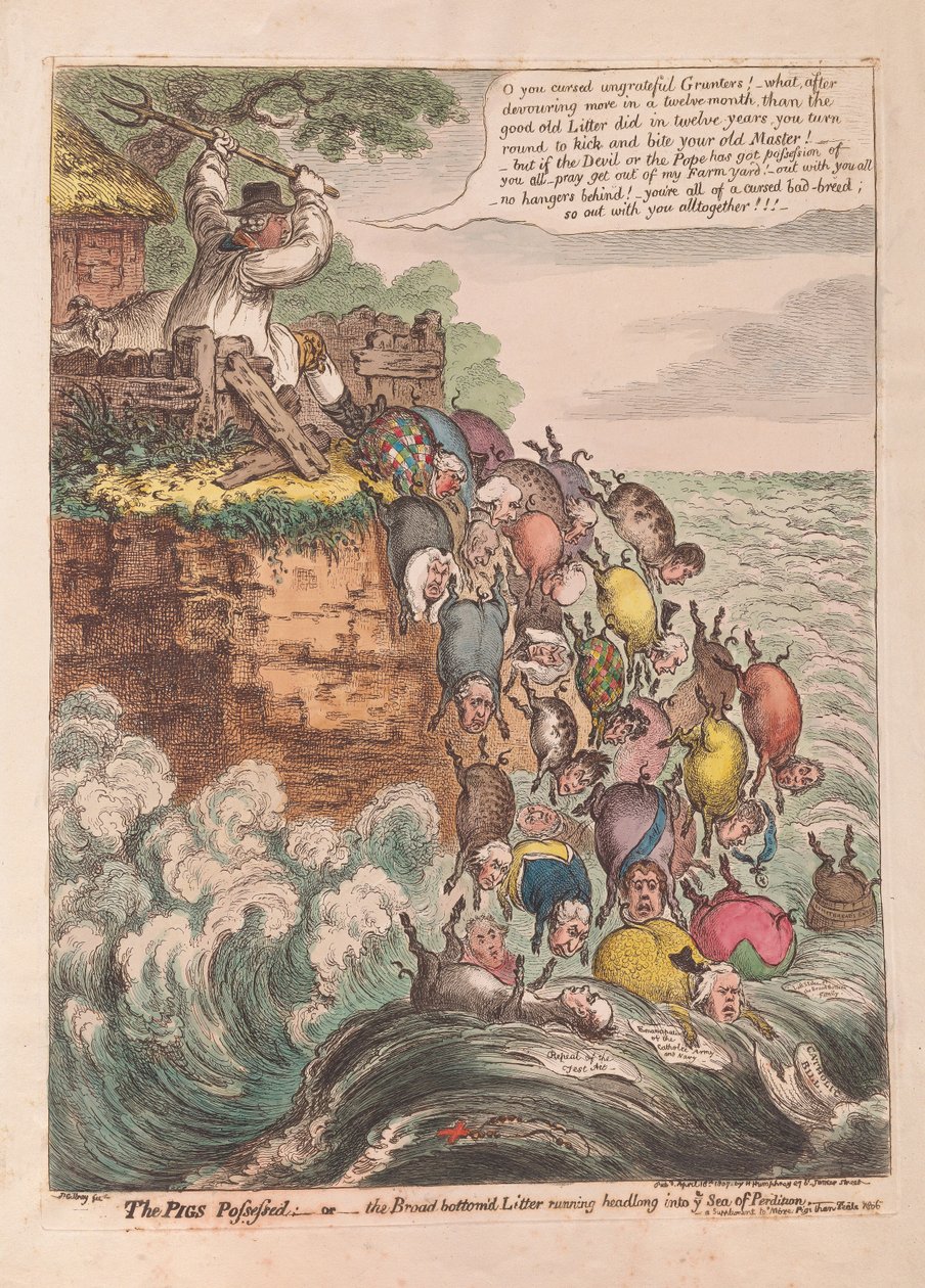 The Pigs Possessed：或广泛的底部垃圾一头扎进毁灭之海，酒吧。 1807（手工彩色雕刻） 作者 詹姆斯·吉里