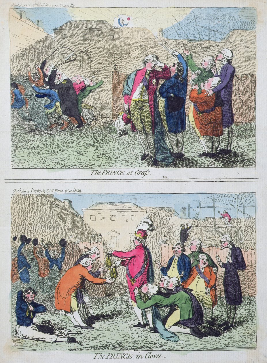 草丛中的王子》和《三叶草中的王子》，由S.W. Fores于1787年出版（手绘蚀刻版）。 作者 詹姆斯·吉里