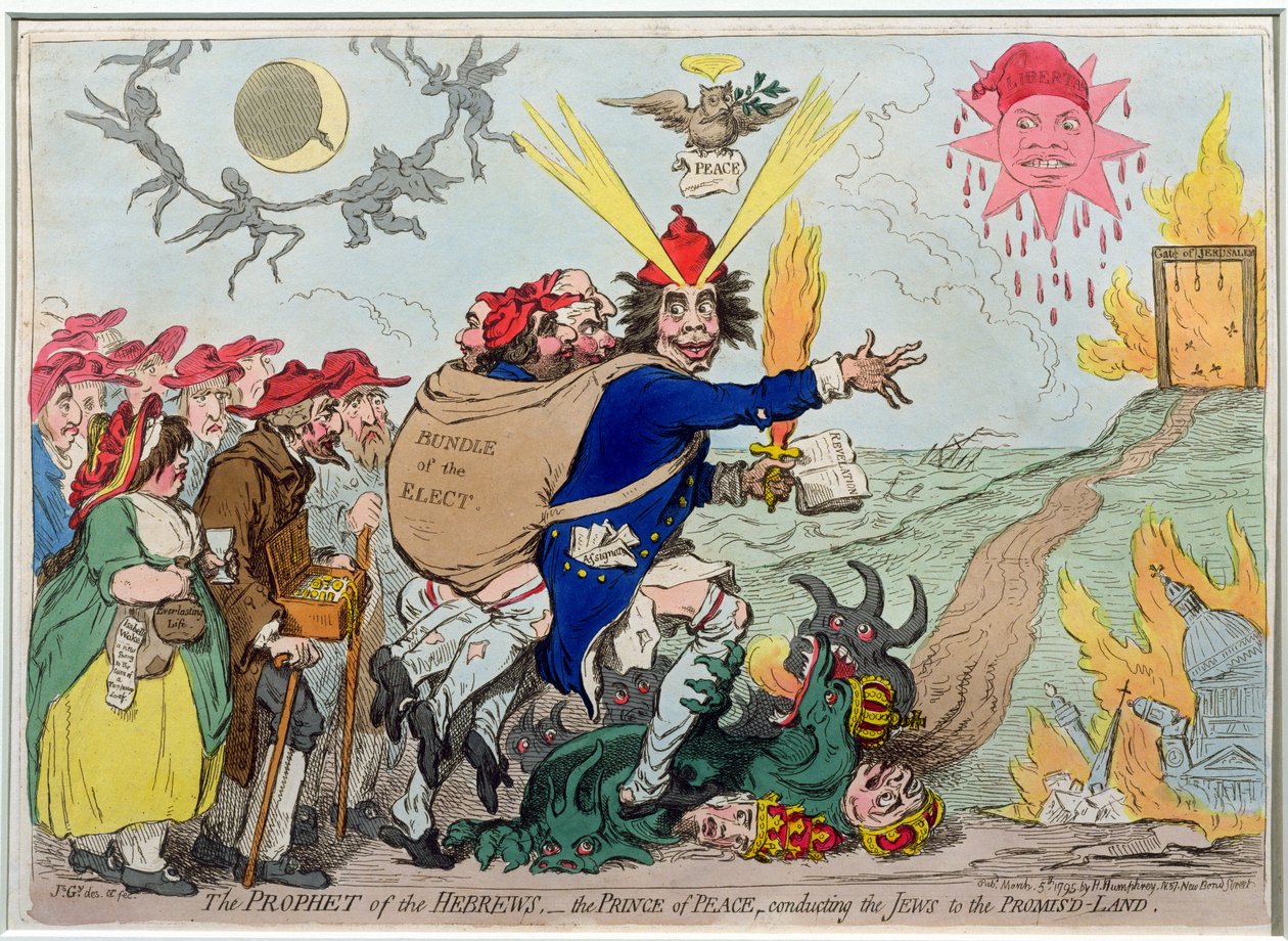 希伯来人的先知：和平之王将犹太人带到应许之地，由Hannah Humphrey于1795年出版（手工蚀刻） 作者 詹姆斯·吉里