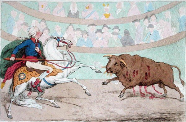 《皇家斗牛》，汉娜·汉弗莱 (Hannah Humphrey) 于 1795 年出版（手绘彩色蚀刻） 作者 詹姆斯·吉里