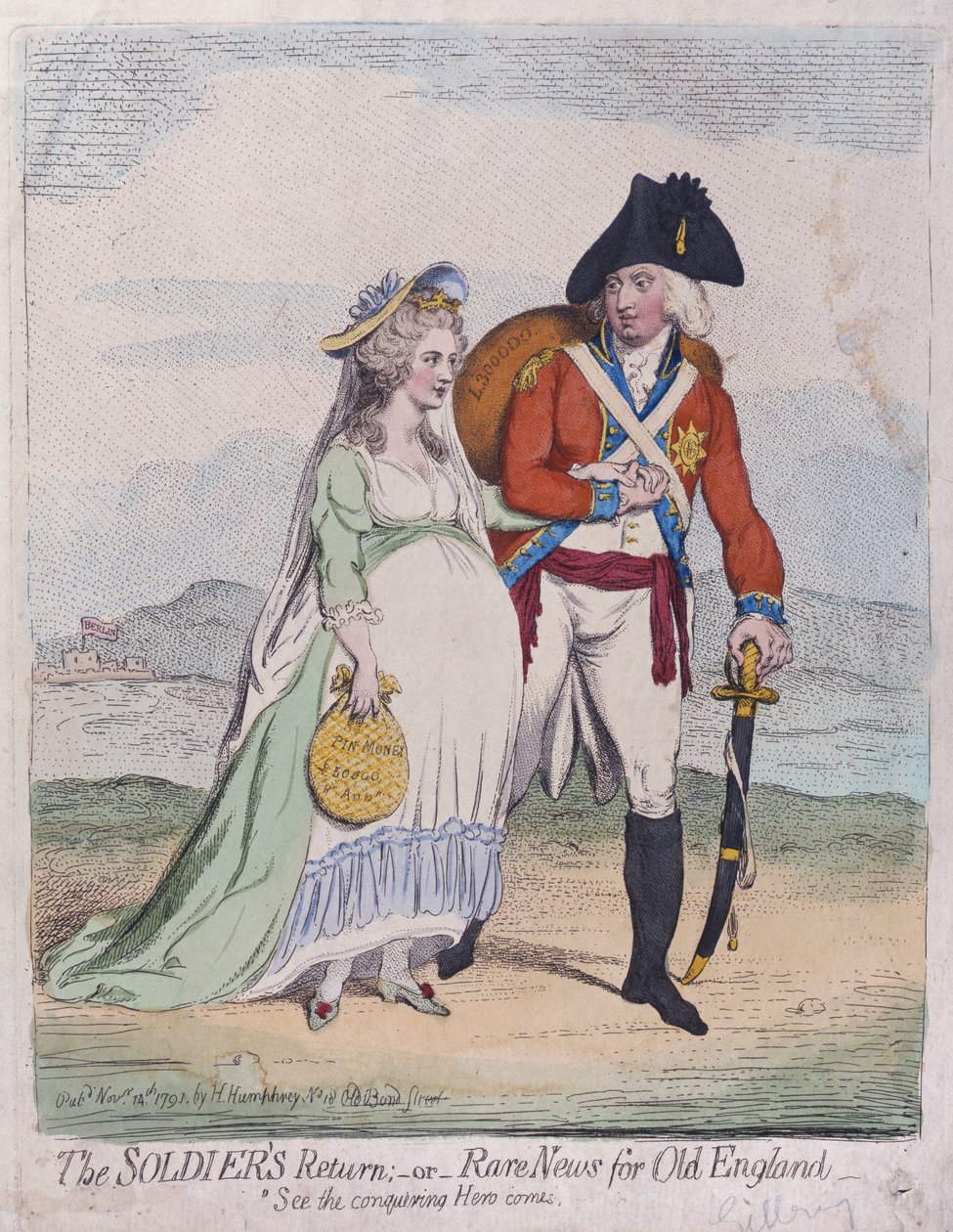 Hannah Humphrey于1791年出版的“士兵归来”或“旧英格兰稀有新闻”（手工彩色蚀刻） 作者 詹姆斯·吉里