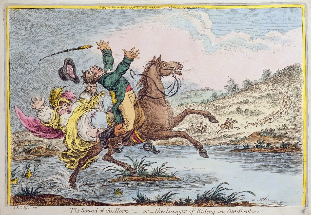 Hannah Humphrey于1807年发表的“号角之声”或“骑旧猎人的危险”（手工蚀刻） 作者 詹姆斯·吉里