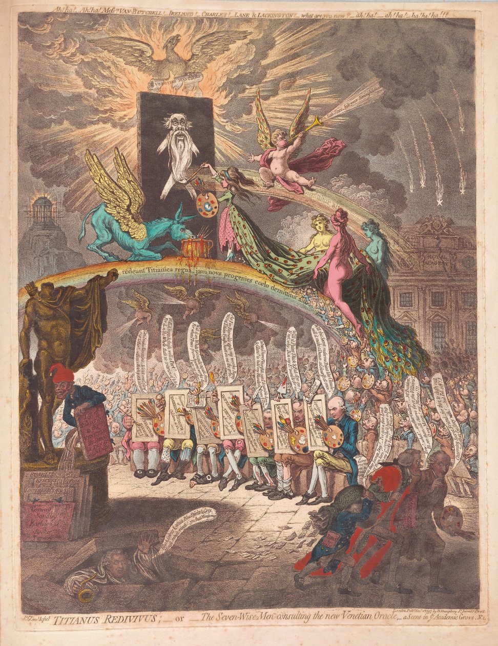 Titianus Redivivus或七位智者咨询新的威尼斯甲骨文，这是在Academic Grove No.1，pub的一个场景。 1797年（手工彩色雕刻） 作者 詹姆斯·吉里