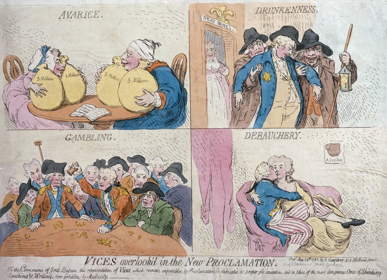 1792年Hannah Humphrey出版的“新公告”中的恶习（手工蚀刻） 作者 詹姆斯·吉里