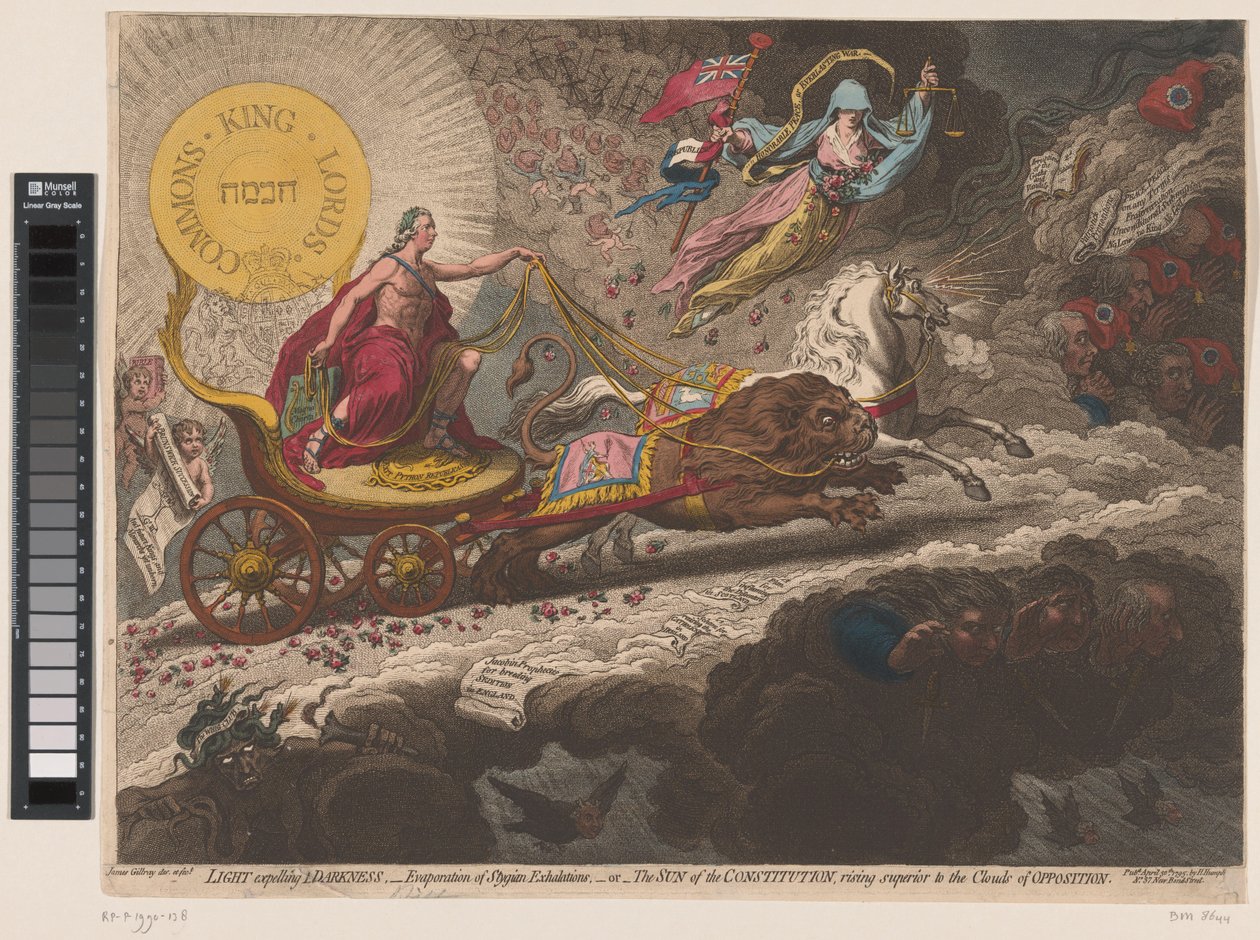 William Pitt verdrijft de duistere krachten, 1795
光明驱逐黑暗--冥气的蒸发--或--宪法的太阳升起，胜过对立的乌云（题目见实物） 作者 詹姆斯·吉里