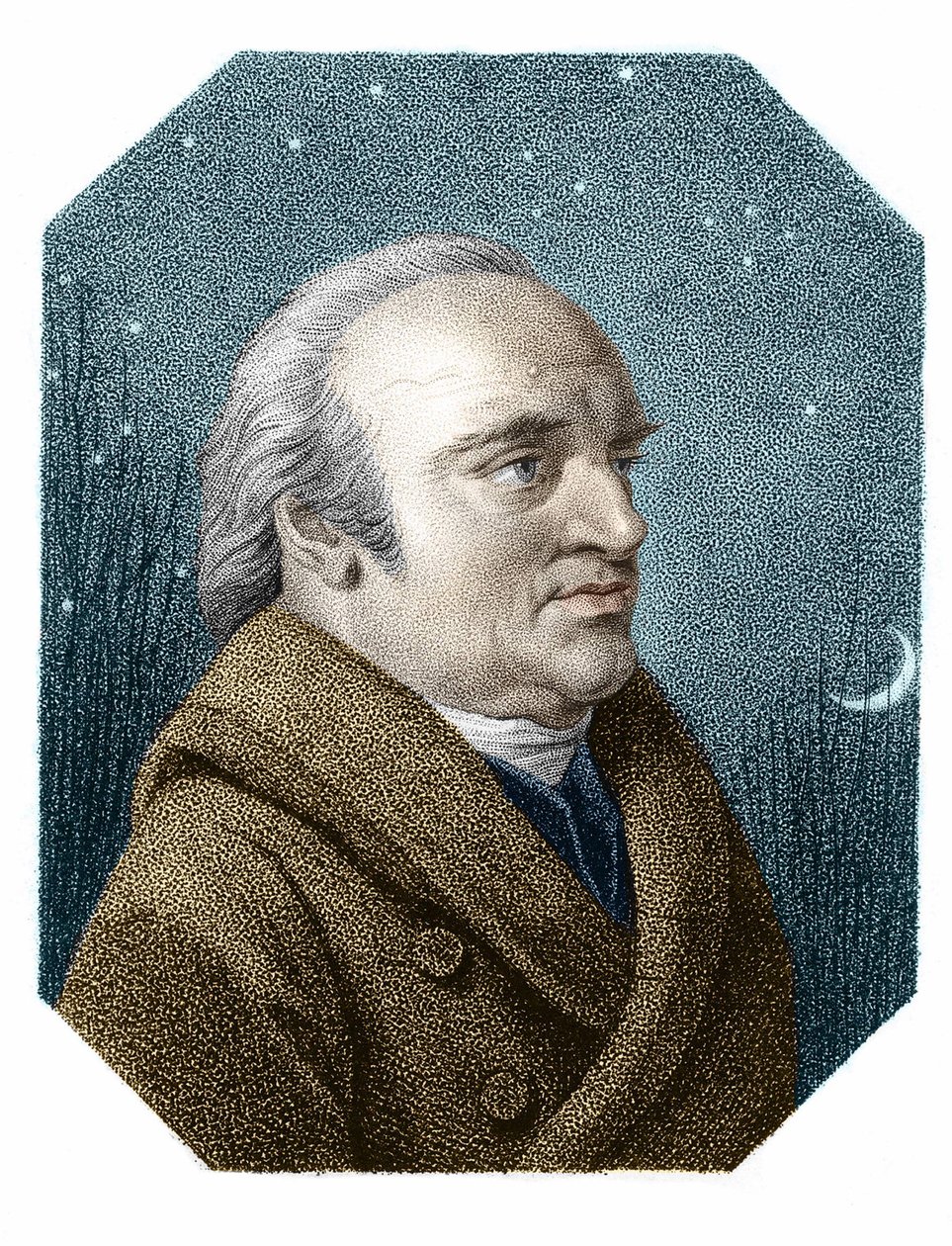 星空背景下威廉·赫歇尔 (William Herschel)（1738 - 1822）的肖像 - 来自詹姆斯·戈德比 (James Godby) 的铜版画 作者 詹姆斯·戈德比