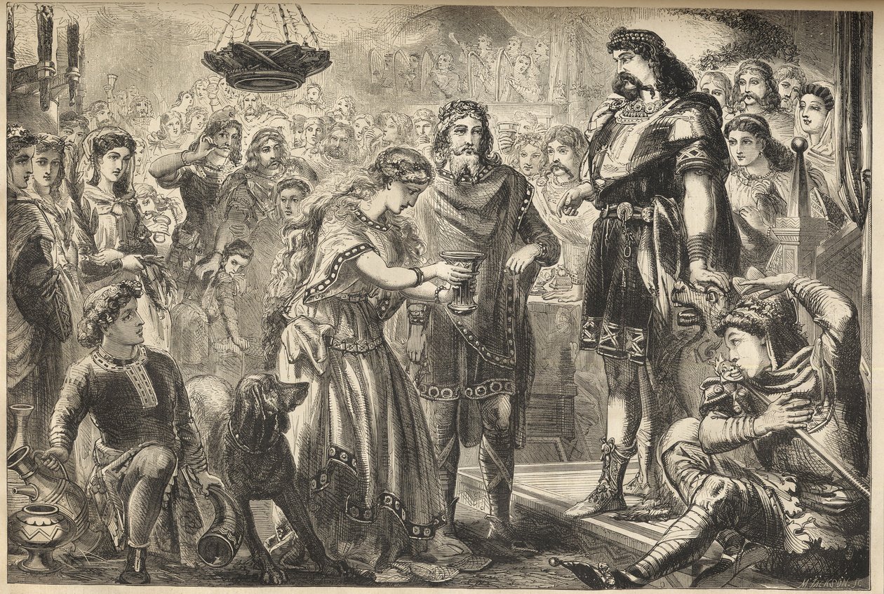 Vortigern (Gwrtheyrn) (5世纪) 布列塔尼人的国王和Rowena - Hengist的女儿Rowena向布列塔尼人的部落国王Vortigern献酒 - 布列塔尼国王Vortigern在撒克逊将军Hengist的宴会上迷上了Rowena - 版画 作者 詹姆斯·戈德温