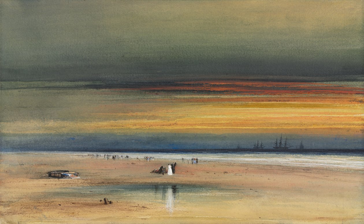 夕阳下的海滩风光，约 1865-1870 年（水彩和水粉画） 作者 詹姆斯·汉密尔顿