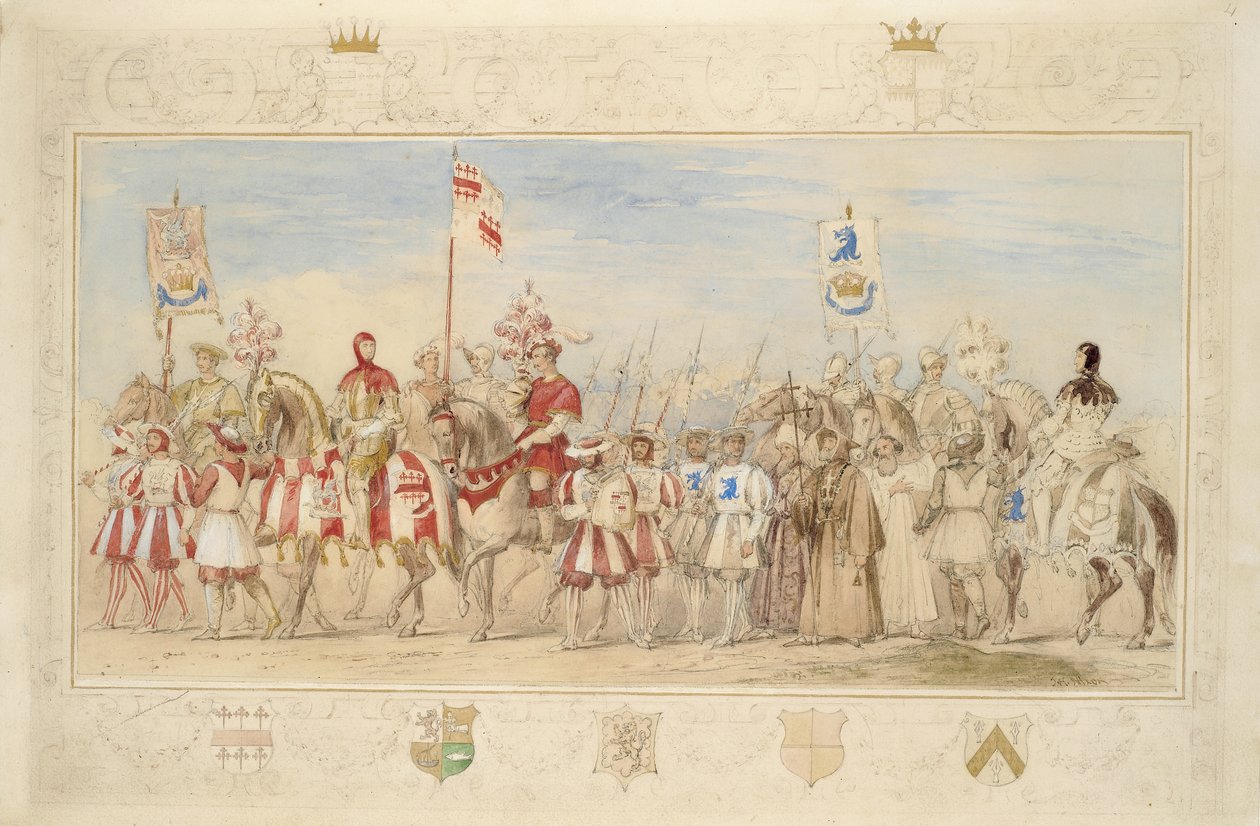 1839年，克里文的威廉伯爵，格里芬骑士和亨利德拉普尔贝雷斯福德，沃特福德侯爵，龙骑士（铅笔，卫生纸，水粉和金色油漆）（另见366230） 作者 詹姆斯·亨利·尼克松