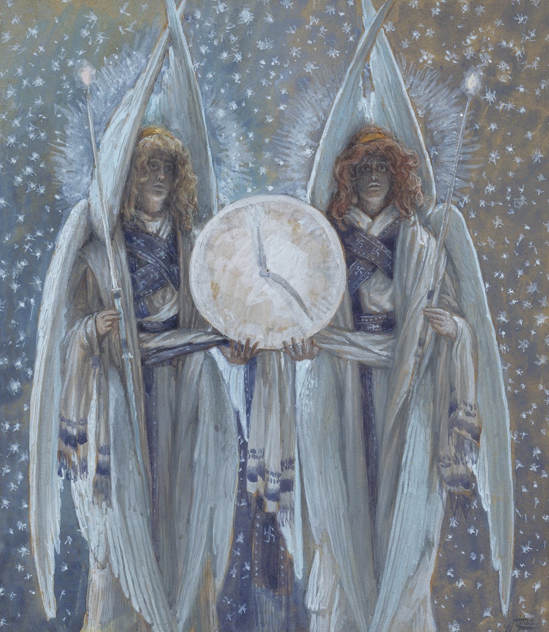 天使支持表示激情不同场景时间的表盘，插图为基督的生命，c.1886-94（纸板上的水粉和水粉） 作者 詹姆斯·雅克·约瑟夫·天梭