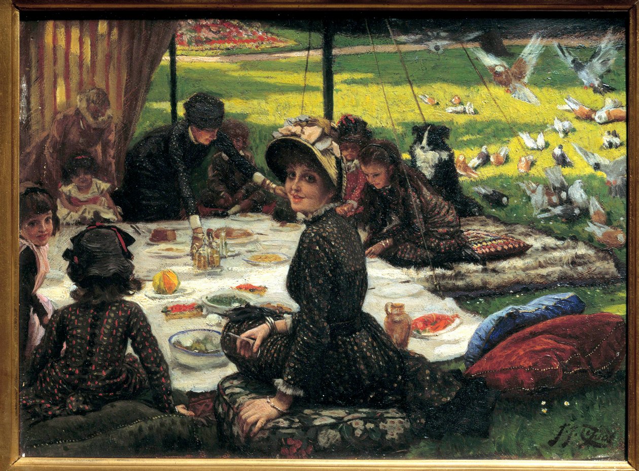 草地上的早餐 家庭野餐场景。 雅克约瑟夫 (Jacques-Joseph) Tissot 和 James Tissot (1836-1902) 的绘画 作者 詹姆斯·雅克·约瑟夫·天梭