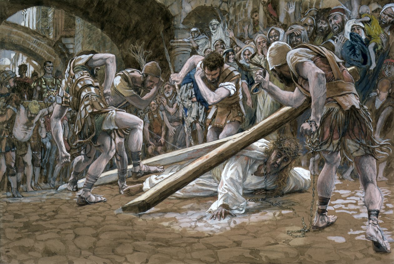 基督瀑布在十字架下，为基督的生命插图，c.1884-96（纸板上的水粉和水粉） 作者 詹姆斯·雅克·约瑟夫·天梭
