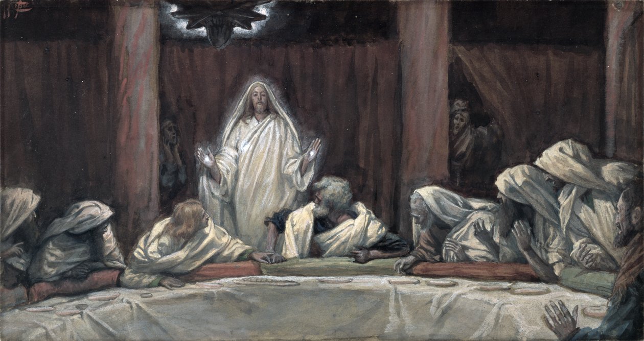 当他们坐在肉上时，他出现在十一岁，来自基督的生活，例如，1884-96（纸板上的水粉和水粉） 作者 詹姆斯·雅克·约瑟夫·天梭