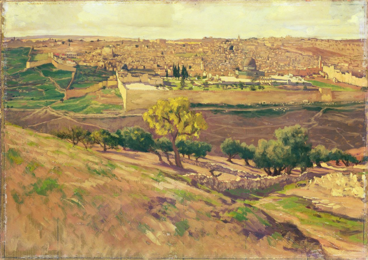 耶路撒冷从橄榄山，c.1886-96（纸板上的水粉） 作者 詹姆斯·雅克·约瑟夫·天梭