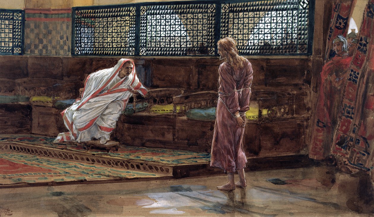 彼拉多之前的第一次耶稣，基督生平的插图，c.1886-94（纸板上的水粉和水粉） 作者 詹姆斯·雅克·约瑟夫·天梭