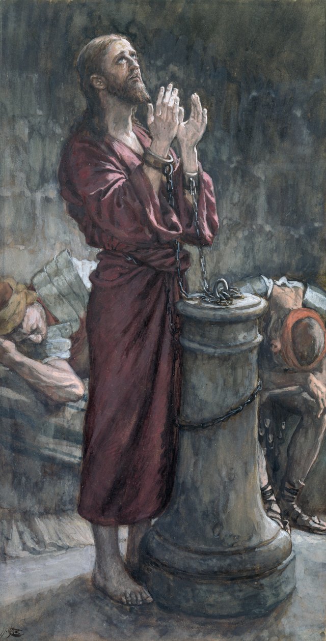 监狱中的耶稣，基督生平的插图，c.1884-96（纸板上的水粉和水粉） 作者 詹姆斯·雅克·约瑟夫·天梭