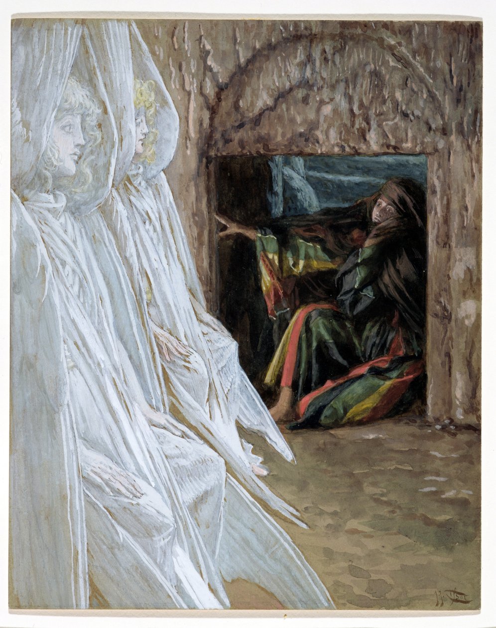 抹大拉的玛利亚对坟墓中的天使提出质疑，为基督的生命画插图，c.1886-94（纸板上的水粉和水粉） 作者 詹姆斯·雅克·约瑟夫·天梭