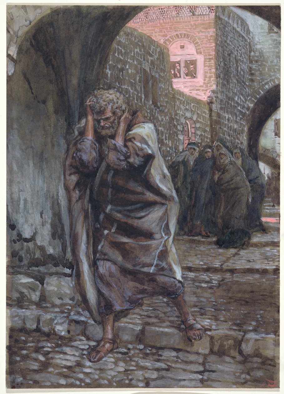 彼得出去痛苦地哭泣，为基督的生活，插图，1886-94（纸板上的水粉和水粉） 作者 詹姆斯·雅克·约瑟夫·天梭