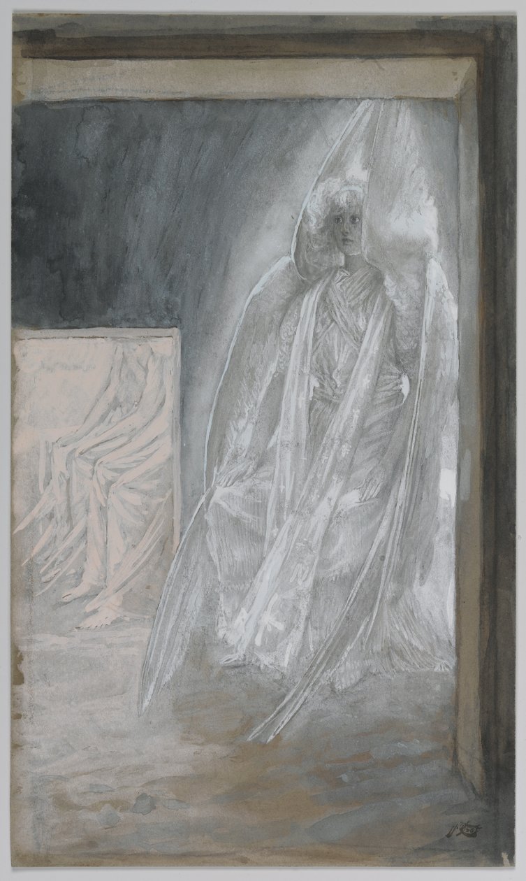 天使坐在坟墓的石头上，插图来自我们的主耶稣基督的生命，1886-94（纸上有石墨） 作者 詹姆斯·雅克·约瑟夫·天梭