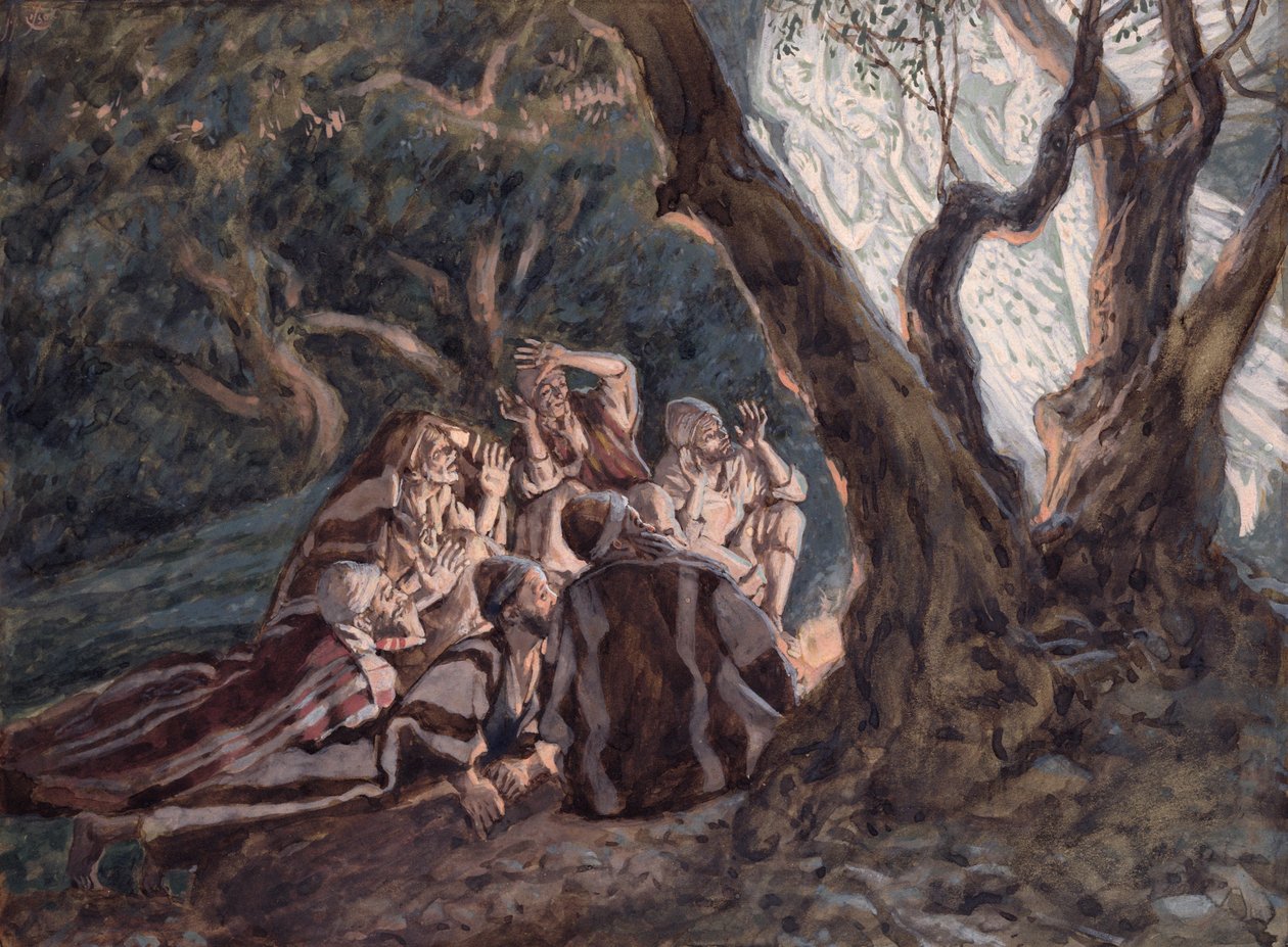 天使与牧羊人，基督生平的插图，c.1886-94（纸板上的水粉） 作者 詹姆斯·雅克·约瑟夫·天梭
