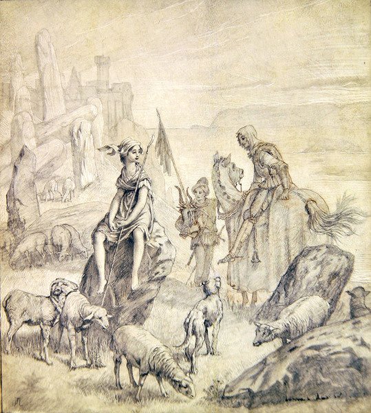 十字军的妻子，来自布列塔尼民谣，约1870年（石膏板上的铅笔和水墨）。 作者 詹姆斯·雅克·约瑟夫·天梭