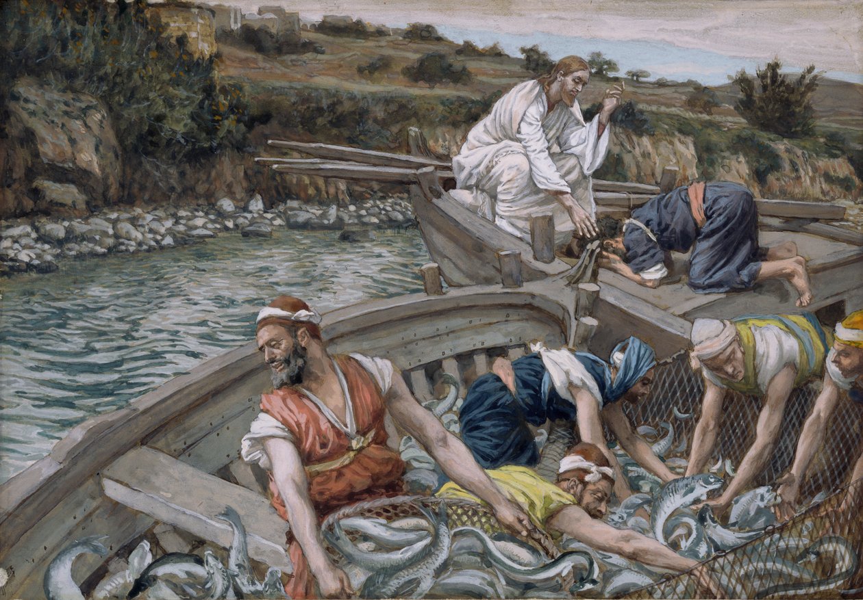 第一次神奇的鱼吃草，插图为基督的生命，c.1886-94（纸板上的水粉和水粉） 作者 詹姆斯·雅克·约瑟夫·天梭