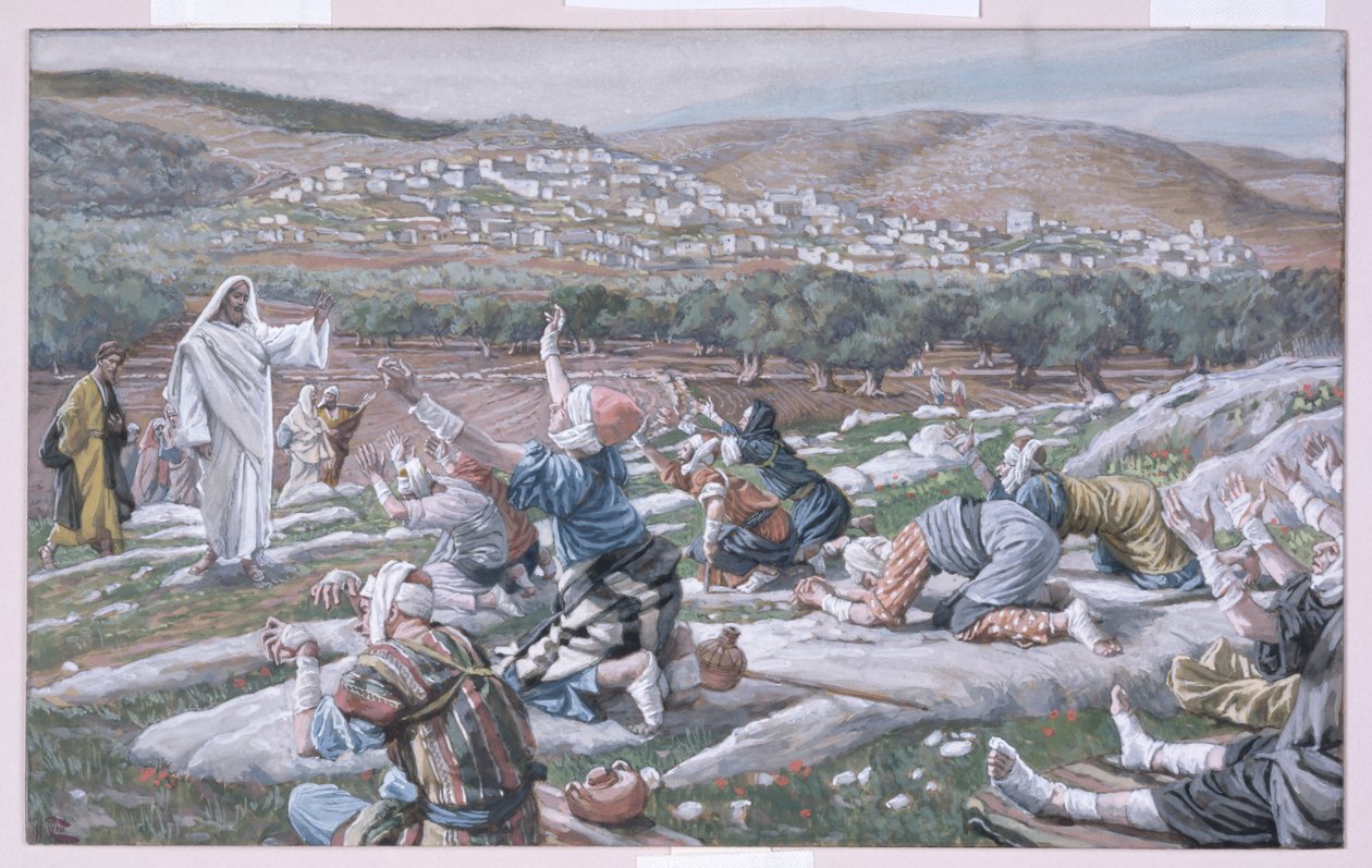 麻风病人的治疗，基督生平的插图，c.1886-94（纸板上的水粉和水粉） 作者 詹姆斯·雅克·约瑟夫·天梭