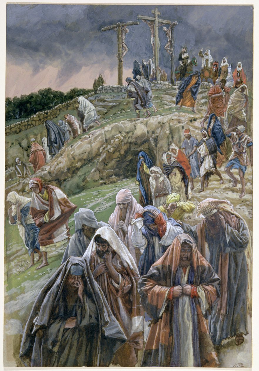 人们，看到已经完成的事情，击杀他们的乳房，插图为基督的生命，c.1886-96（纸板上的水粉） 作者 詹姆斯·雅克·约瑟夫·天梭