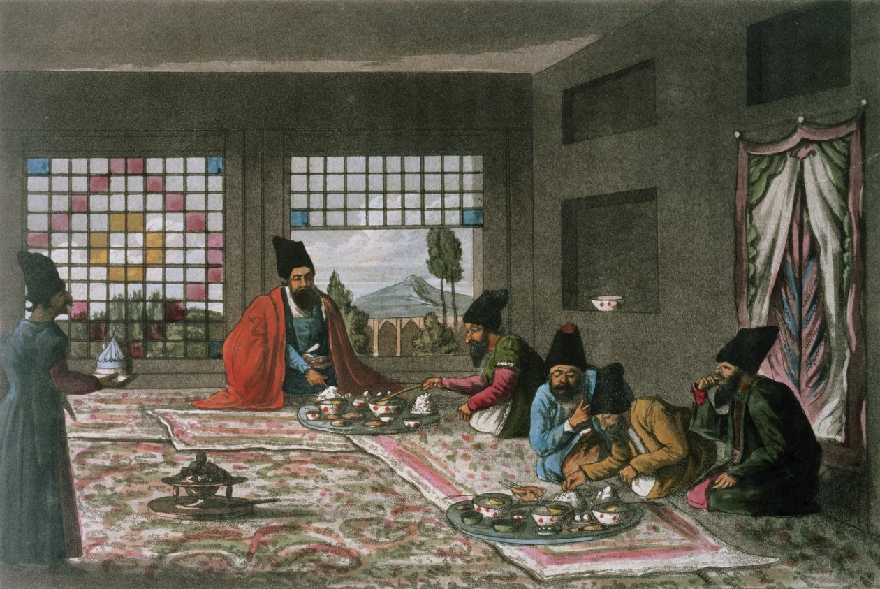 西奥多-H-A-菲尔丁（1781-1851 年）镌刻的《1810-16 年第二次波斯之旅》中的波斯早餐 作者 詹姆斯·贾斯汀尼安（之后）莫里尔