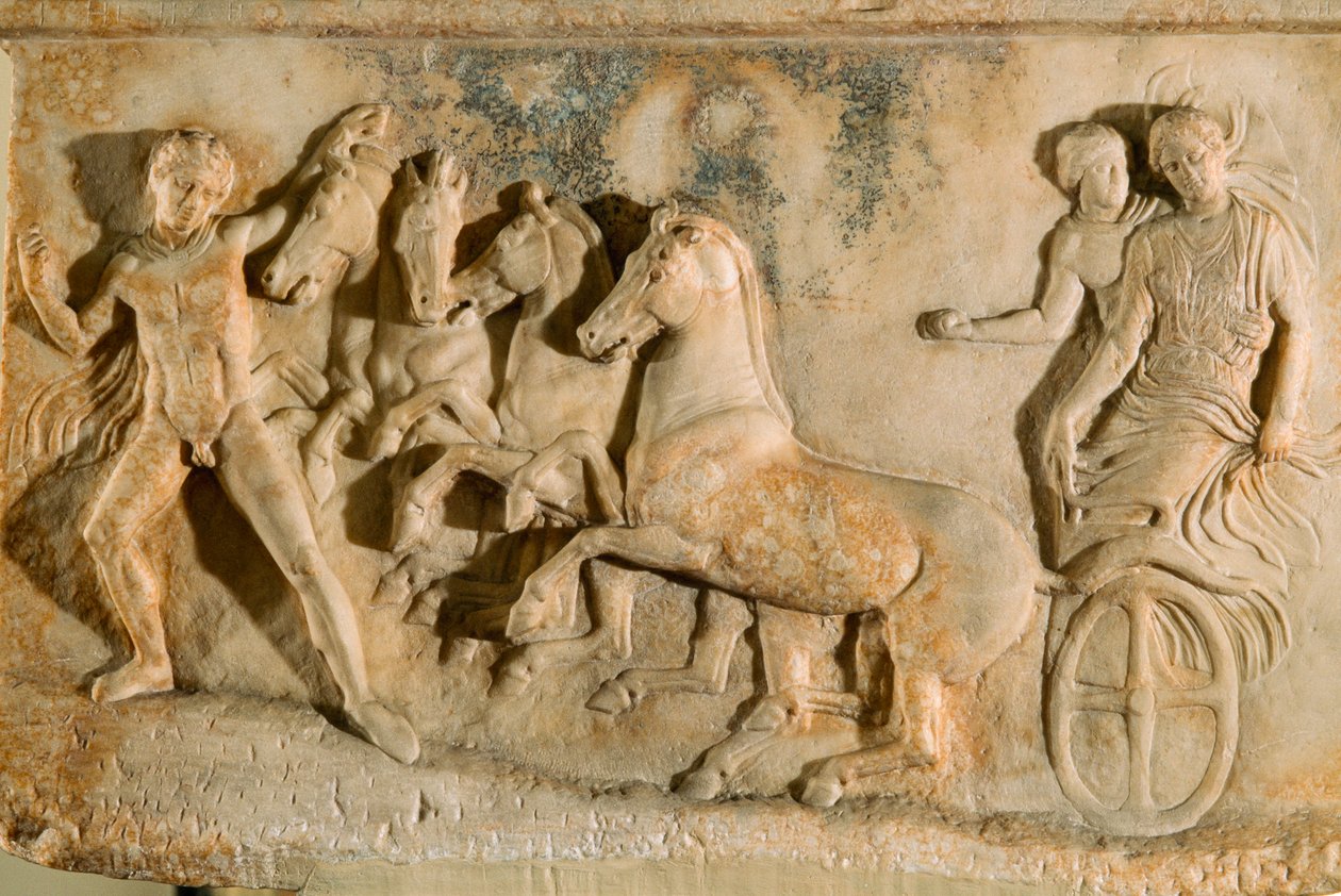 来自 Phaleron 的古代浮雕，描绘了 Echelos 将 Basile 从海底救出的场景。 作者 詹姆斯·L·斯坦菲尔德