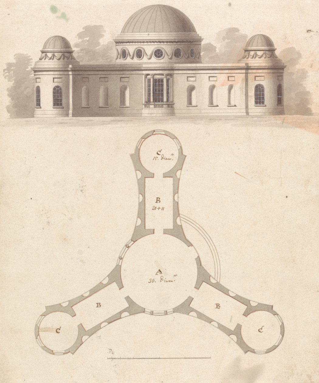 Early state, with revisions, of Design 23, Plate 25 of A Collection of Designs for Rural Retreats 作者 詹姆斯·莫尔顿