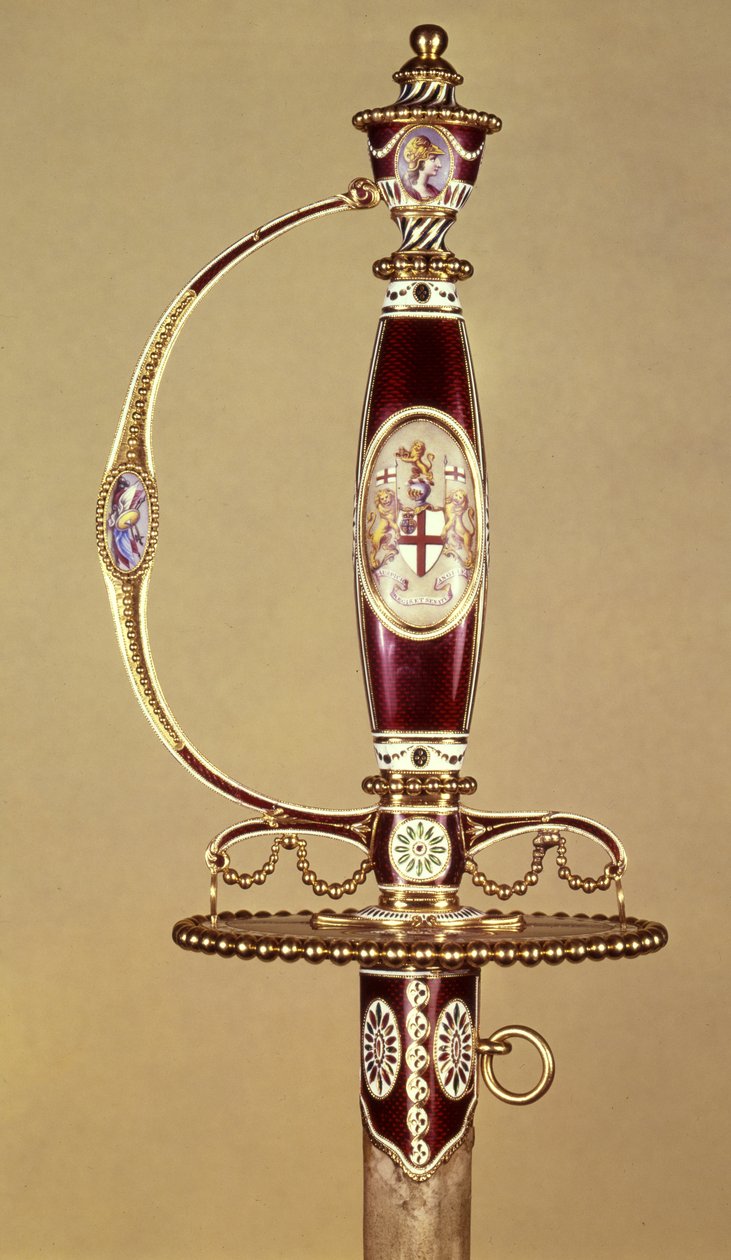 由东印度公司向詹姆斯·哈特利上校（1745-99）献上剑的刀柄，由James Morisset（c.1766-c.1800）c.1780（金和珐琅）设定 作者 詹姆斯·莫里塞特