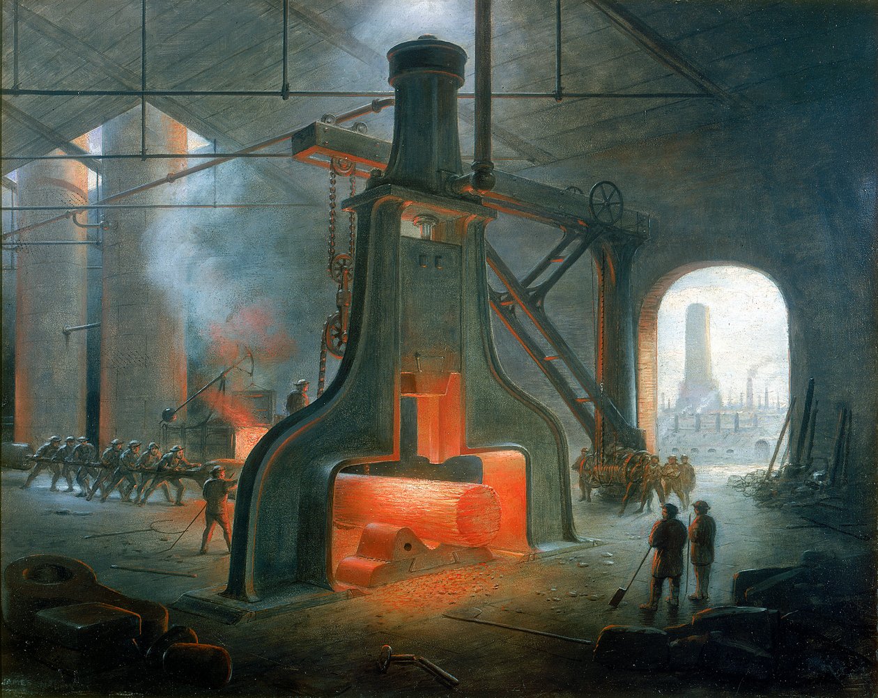 James Nasmyth的蒸汽锤于1832年竖立在曼彻斯特附近的铸造厂内。 作者 詹姆斯·纳斯米斯（James Nasmyth）