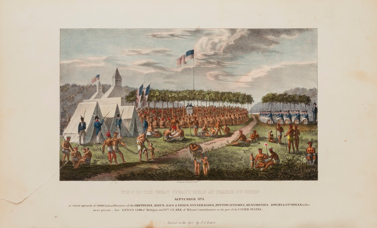 1825 年 9 月在普拉里杜奇恩（Prairie Du Chien）举行的大条约景观，摘自《原住民作品集 作者 詹姆斯·奥托·刘易斯