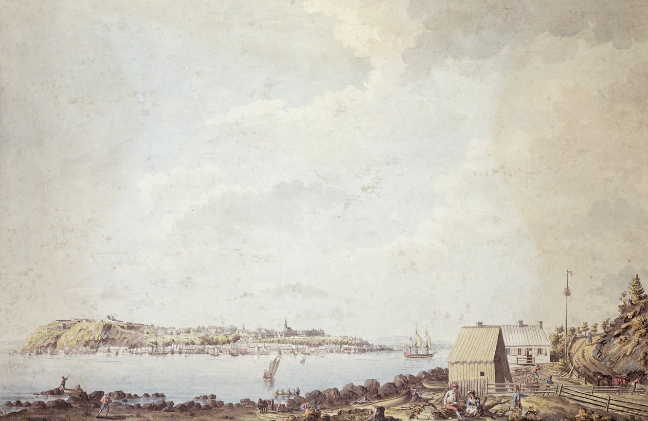 加拿大首都魁北克市风景，1784 年 10 月 3 日，从河对岸的渡口小屋拍摄（纸张上的钢笔、墨水和水彩画） 作者 詹姆斯·佩奇（James Peachey）