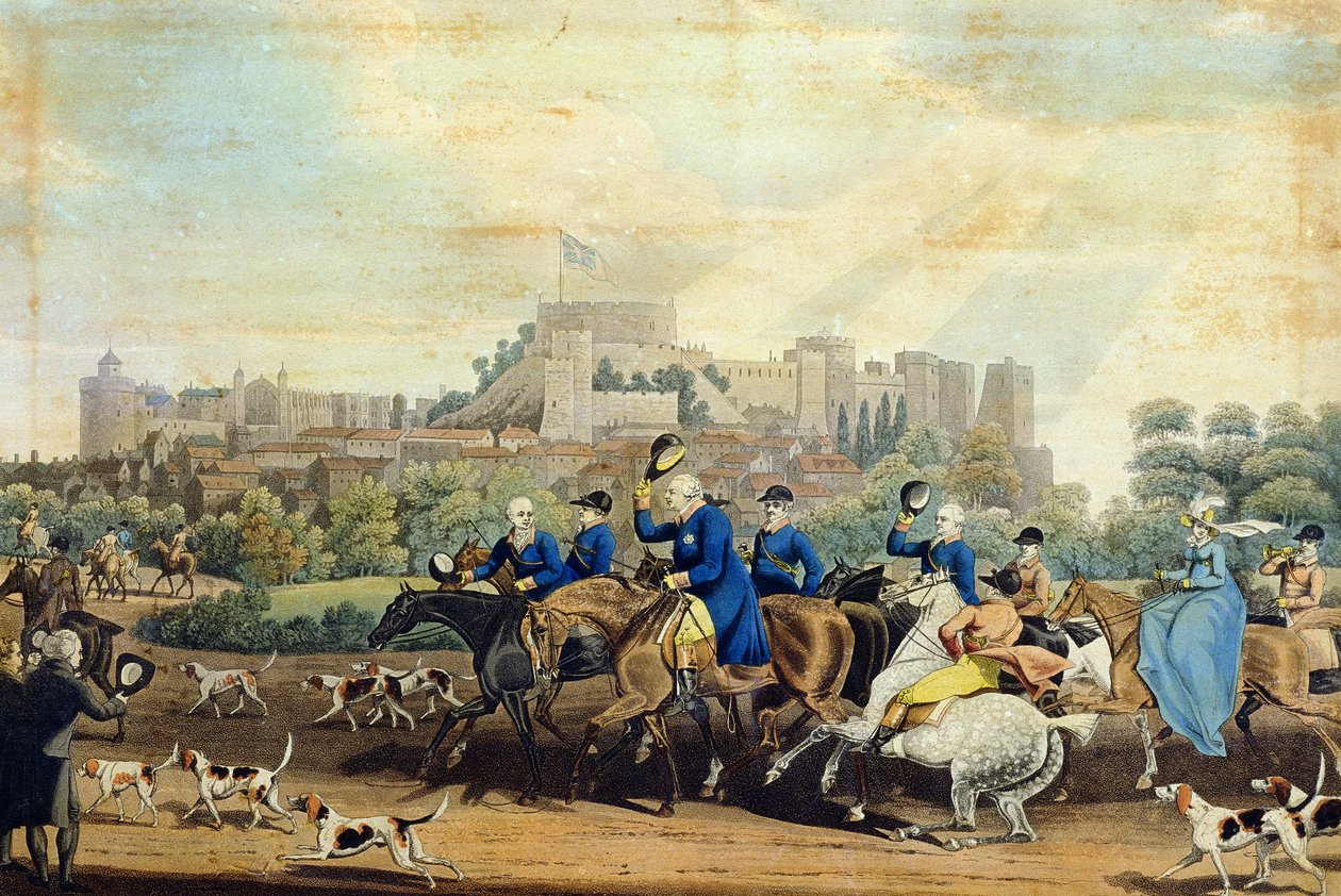 乔治三世（1738-1820）狩猎归来，1820年由M. Dubourg雕刻（aquatint） 作者 詹姆斯·波拉德