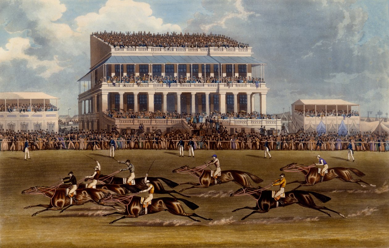 Epsom Races的盛大展台，由Charles Hunt制作，1836年制作（aquatint） 作者 詹姆斯·波拉德