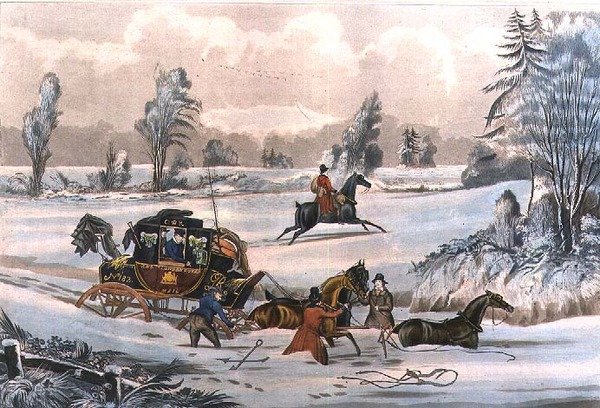飘雪中的邮车，由G. Reeves雕刻，由J. Watson 21/9/1825出版（雕刻）。 作者 詹姆斯·波拉德