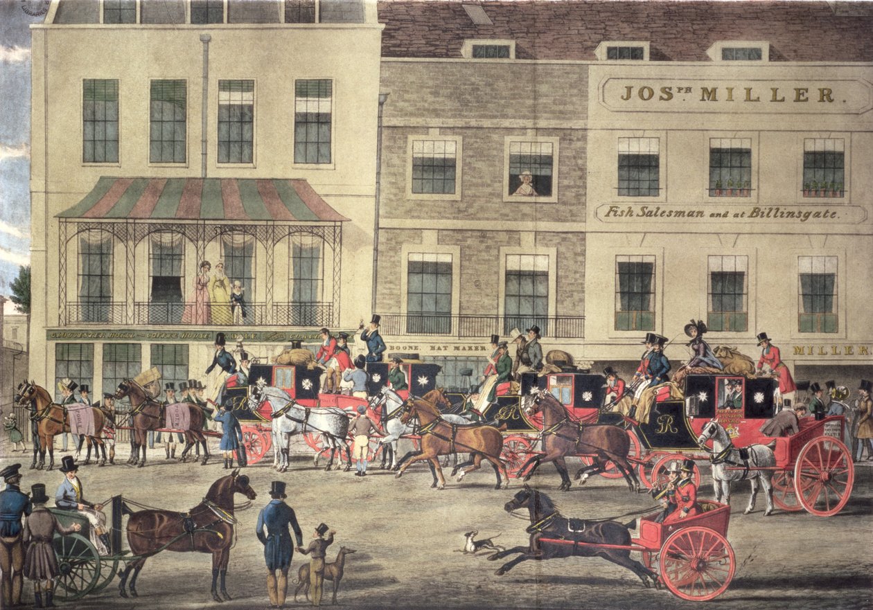 位于皮卡迪利的格洛斯特咖啡馆的西部乡村邮件，由C. Rosenberg雕刻，1828年 作者 詹姆斯·波拉德
