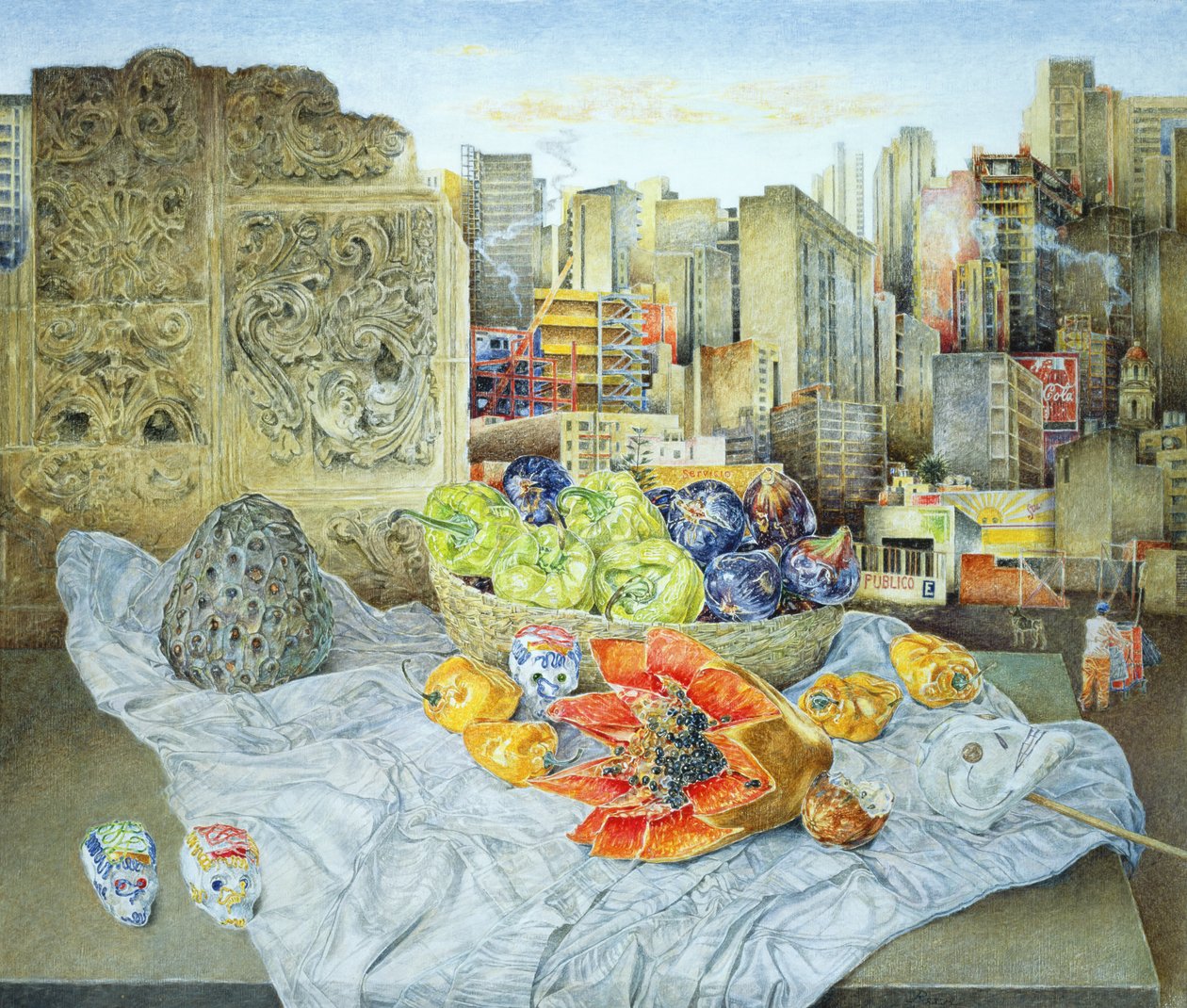 静物与木瓜和城市景观，2000年 作者 詹姆斯·里夫