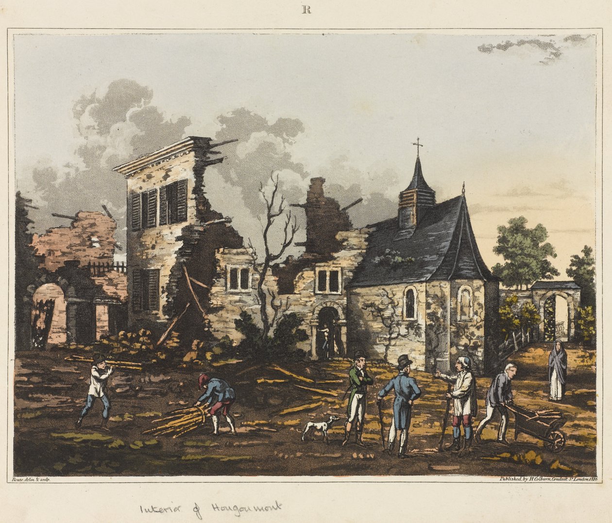 Hougoumont的内部，来自&39;滑铁卢战役的历史记录&39;，1817年（彩色aquatint） 作者 詹姆斯·劳斯