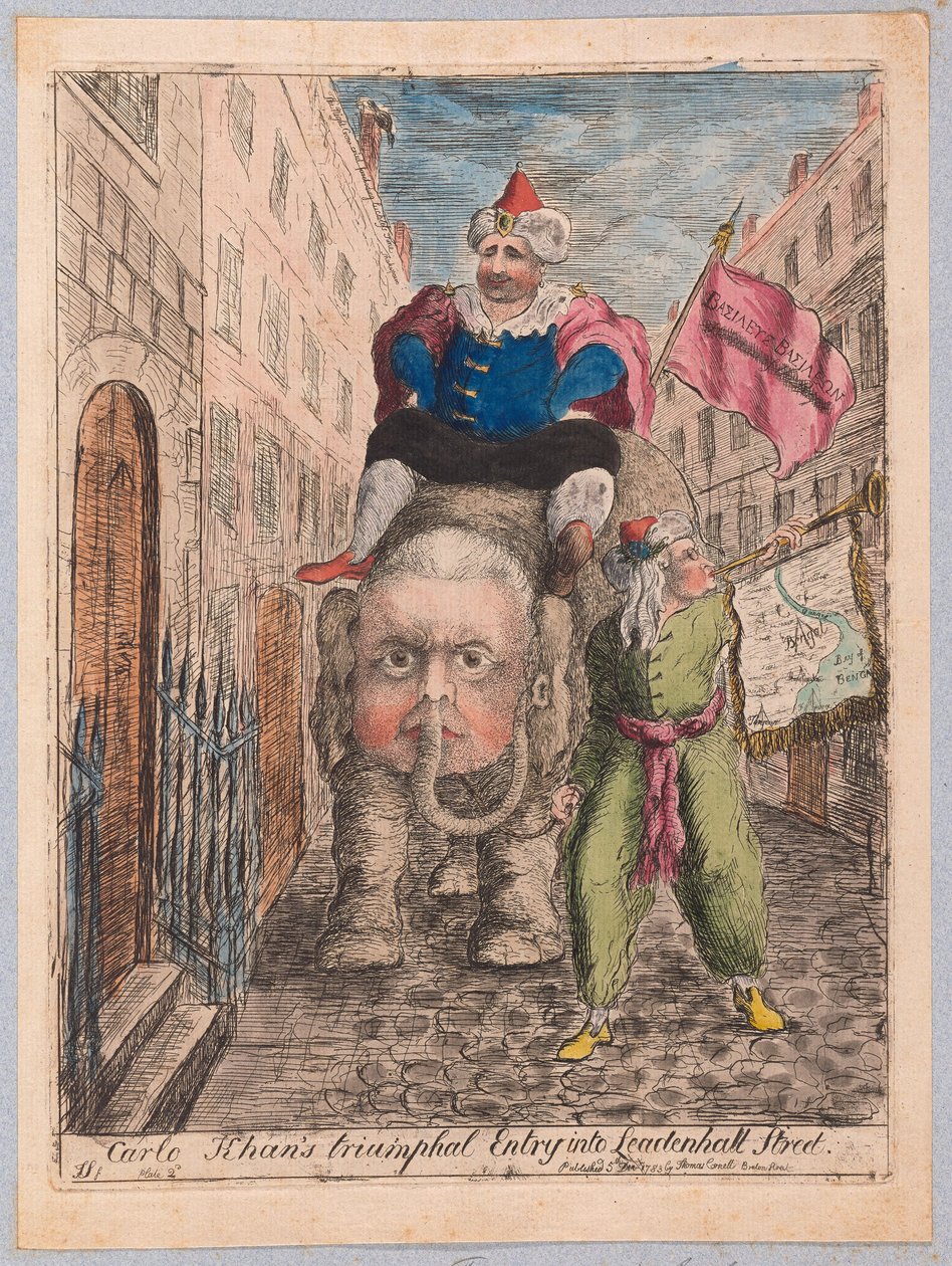 Carlo Khans Triumphal进入Leadenhall Street，酒吧。 1783年（手工彩色雕刻） 作者 詹姆斯·塞耶斯
