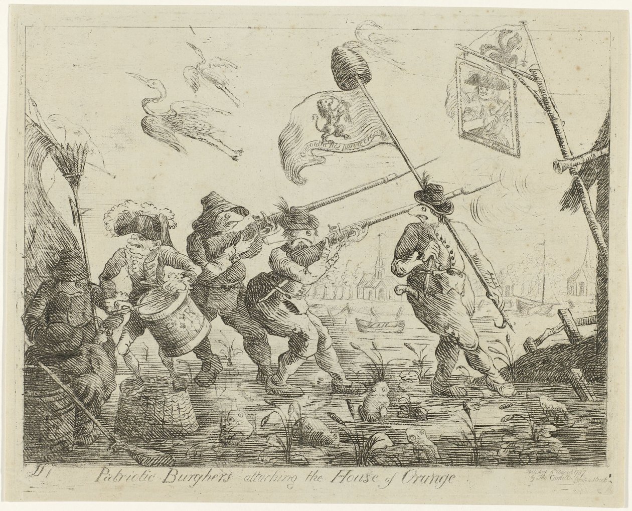 Spotprent op Goejanverwellesluis, 1787 年
爱国的布尔乔亚人攻击奥兰治家族（标题见实物） 作者 詹姆斯·塞耶斯