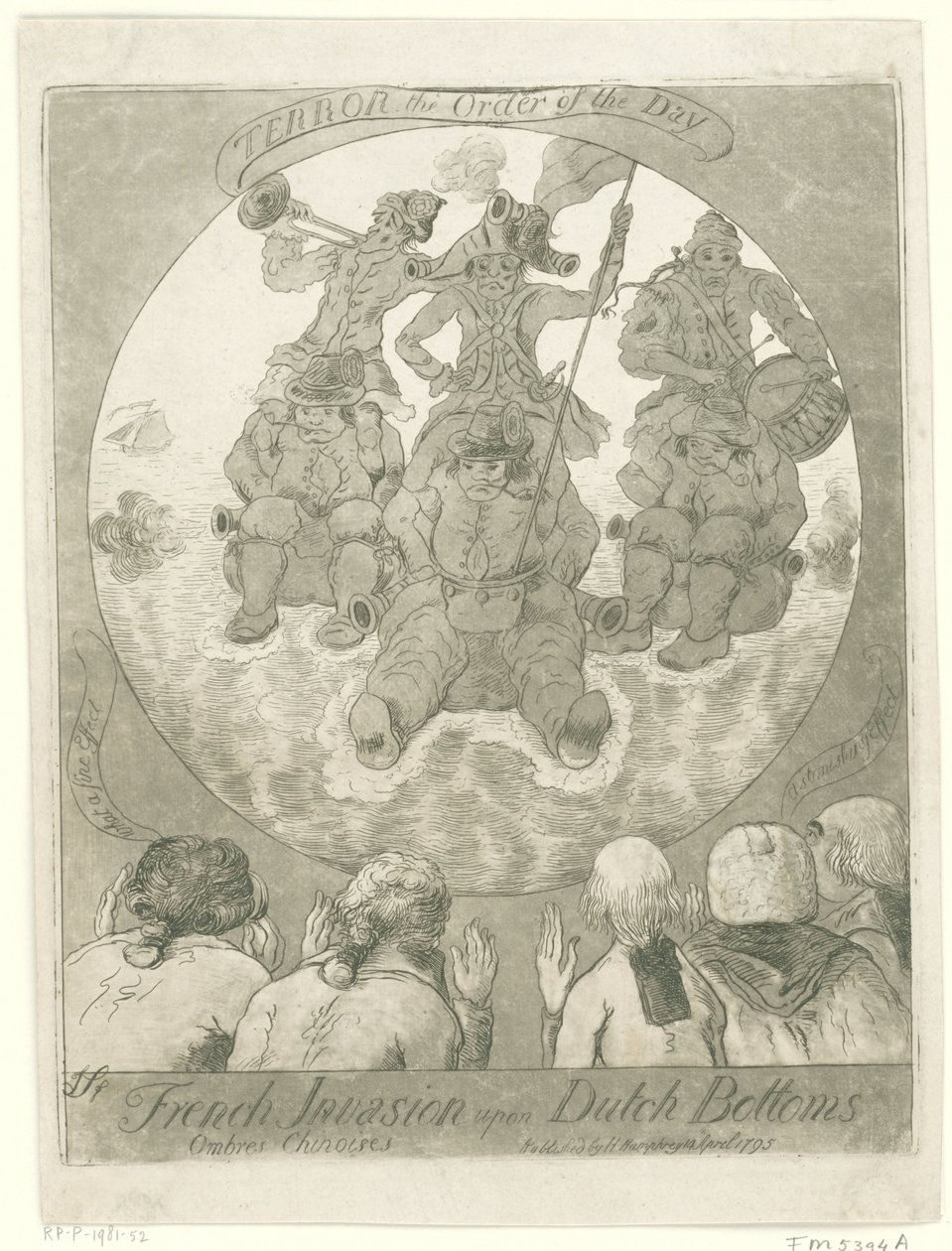 Spotprent op de Franse invasie，1795 年
法国入侵荷兰底特律。Ombres Chinoises / Terror the Order of the Day（标题见实物） 作者 詹姆斯·塞耶斯