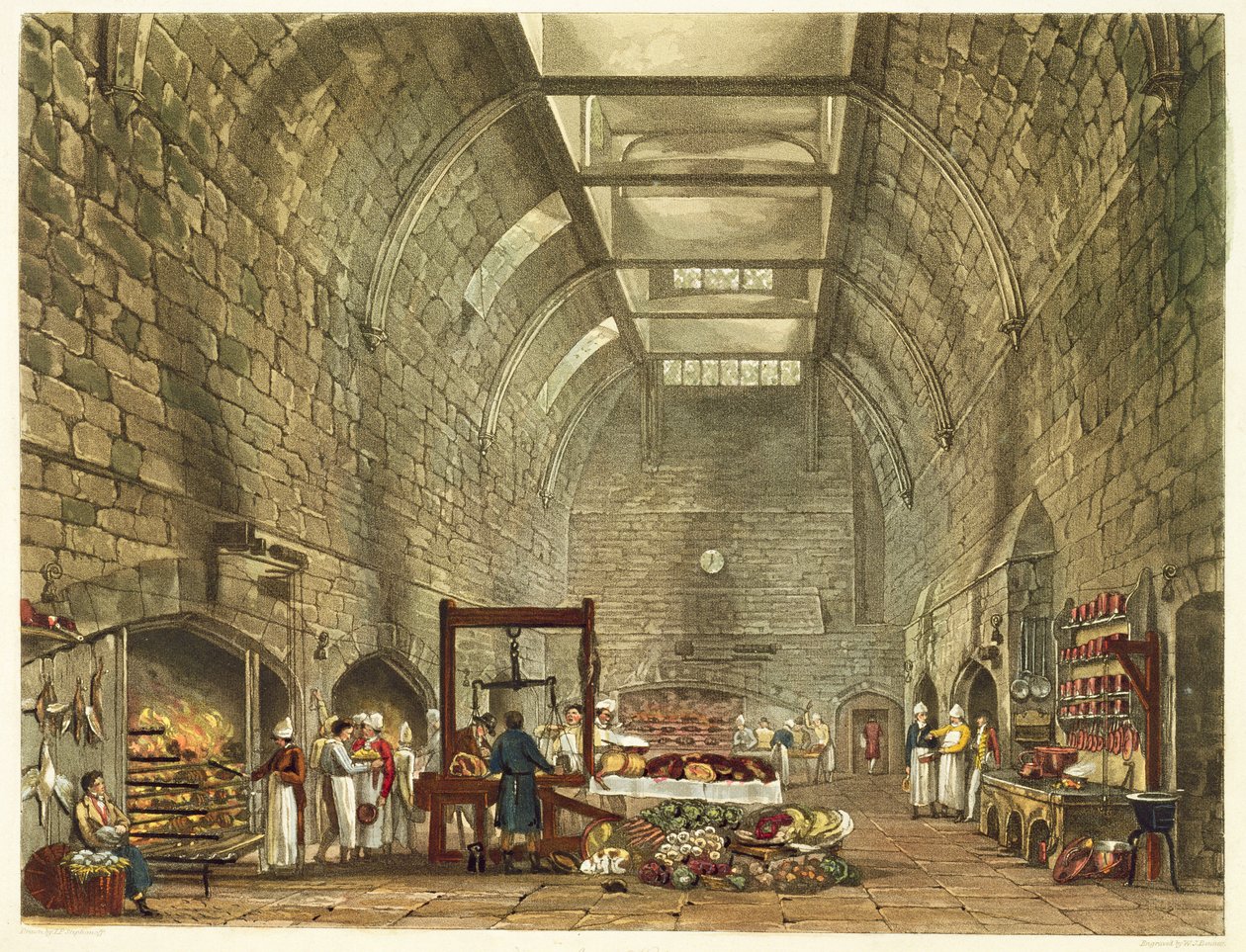 古代厨房，温莎城堡，威廉·詹姆斯·贝内特（William James Bennett，1787-1844），由威廉·亨利·派恩（William Henry Pyne，1769-1843）酒吧出版的“皇家住所的历史”。 1818 作者 詹姆斯·斯蒂芬诺夫