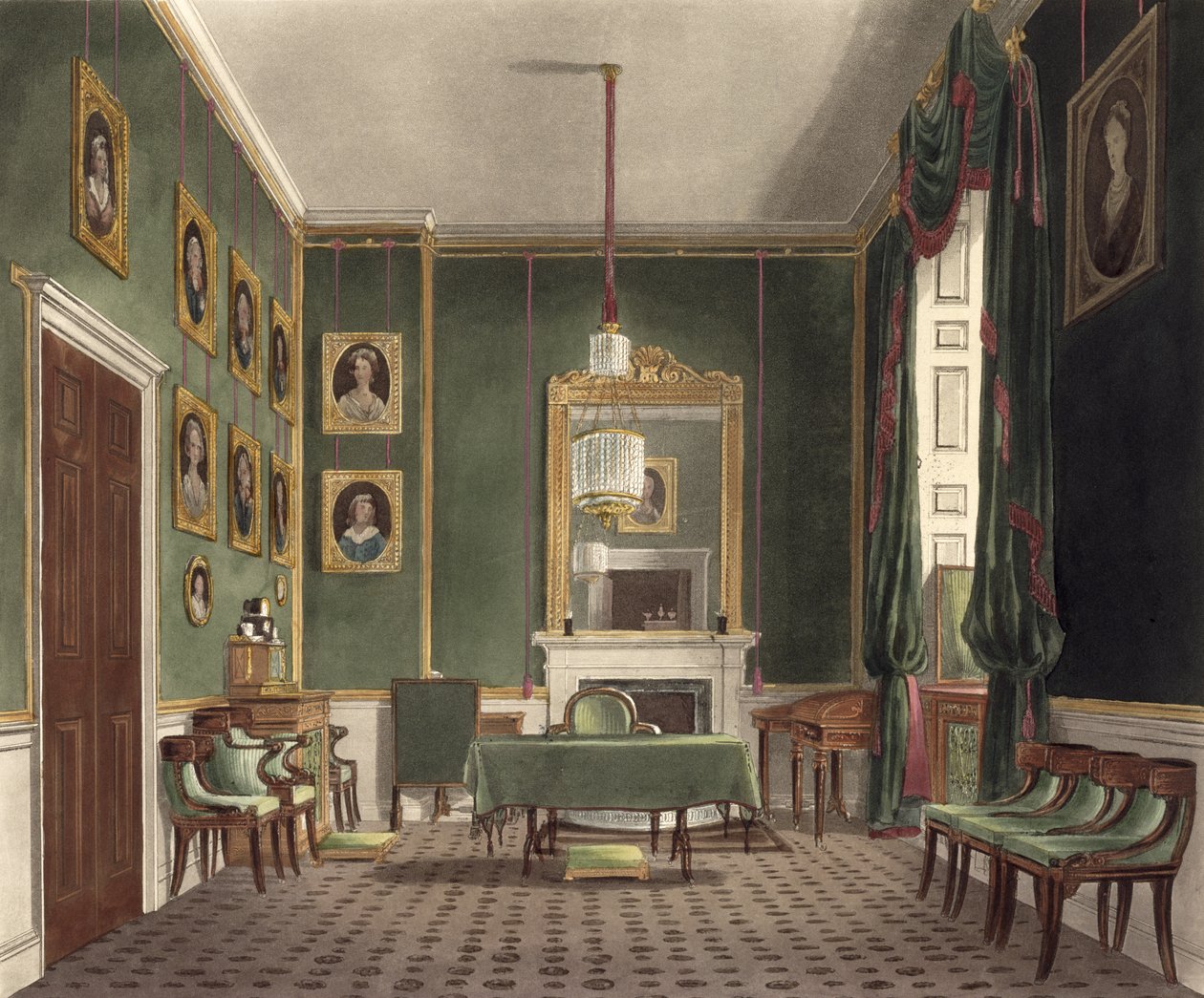 绿色壁橱，白金汉宫，来自&39;皇家住宅的历史&39;，由Daniel Havell（1785-1826）雕刻，由William Henry Pyne（1769-1843），1819年 作者 詹姆斯·斯蒂芬诺夫